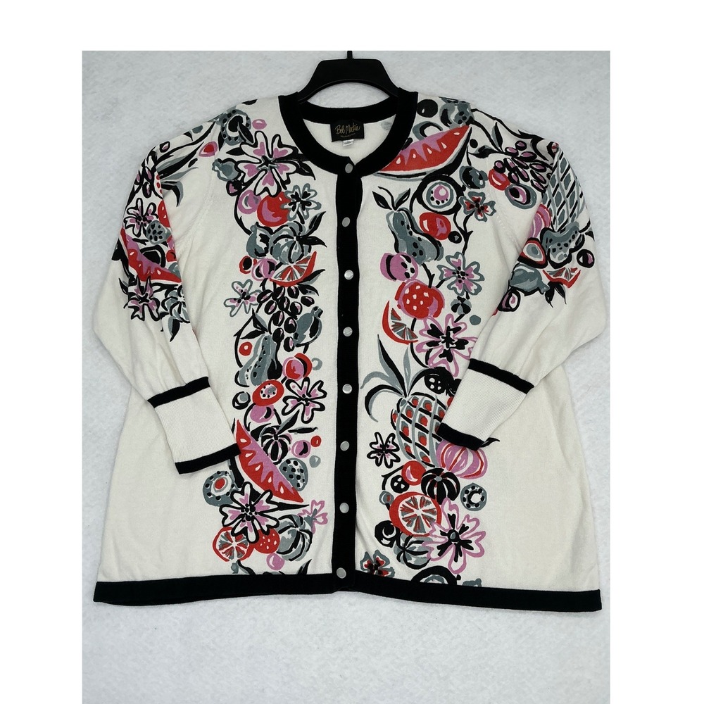 Bob Mackie Cardigan Sweater Women 2X White Fruit Floral Wearable Art A222228 - Picture 2 of 9